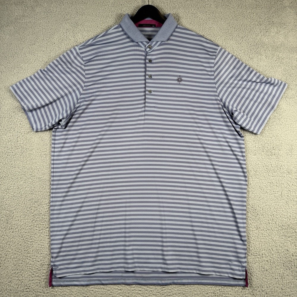 Greyson Polo Mens XXL Purple Blue Stripe Performance Stretch Golf Shirt LOGO
